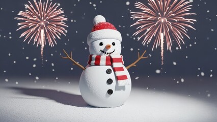 An adorable 3D rendered snowman standing on a snowy ground, wearing a red knitted hat and scarf