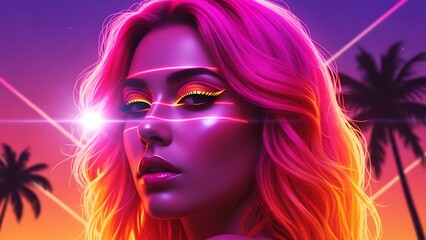 Neon Pop Art Portrait of a Woman with Vibrant Pink Hair and Laser Light Effects