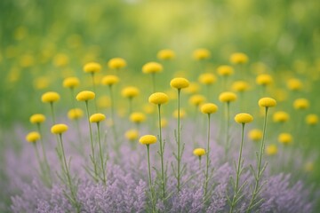 Yellow billy button flowers blooming above soft lavender bushes in a dreamy natural landscape with a peaceful and serene atmosphere. Ai generative