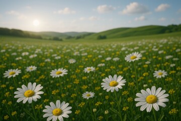 Obraz premium Blooming meadow with daisies and yellow wildflowers under blue sky and soft sunlight, peaceful springtime landscape concept in natural countryside setting. Ai generative