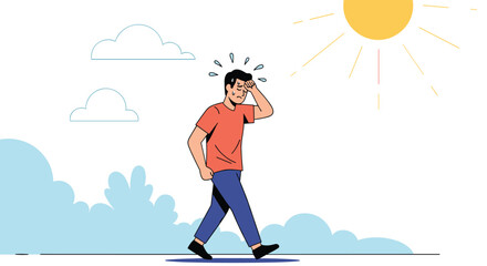 A man walks under a blazing sun, sweating and looking uncomfortable from the intense heat of a summer day.