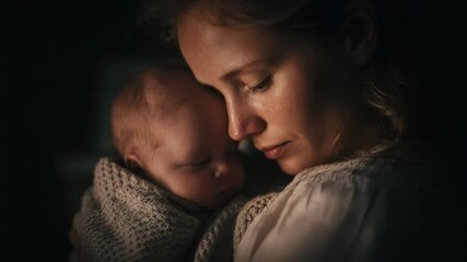A mother cradling her sleeping baby close, wrapped in a cozy knit blanket.