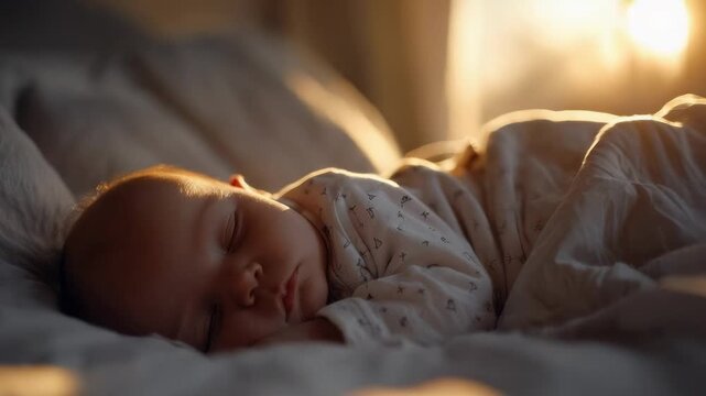 A baby sleeping peacefully in a cozy bed, tucked under a soft blanket with warm morning light.