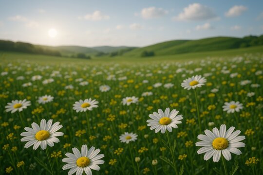 Blooming meadow with daisies and yellow wildflowers under blue sky and soft sunlight, peaceful springtime landscape concept in natural countryside setting. Ai generative - Powered by Adobe