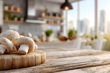 Champignons on a wooden board against a blurred background of a modern kitchen