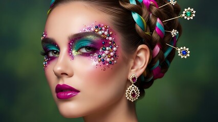 Captivating Portrait of a Woman with Glittering Makeup and Elaborate Hairstyle