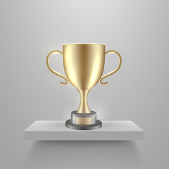 Vector illustration of a single golden trophy cup on shelf, realistic metallic prize symbolizing victory, success and business achievement.