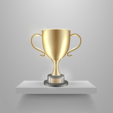 Vector illustration of a single golden trophy cup on shelf, realistic metallic prize symbolizing victory, success and business achievement.