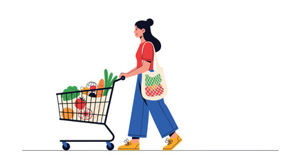 Woman pushing a shopping cart filled with fresh fruits and vegetables, also carrying a reusable mesh bag, symbolizing sustainable grocery shopping.