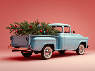Retro Truck Hauling Decorated Tree: Festive Transportation