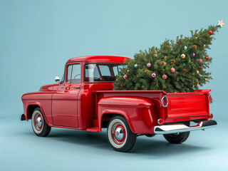 Red Vintage Pickup Truck Hauling Christmas Tree
