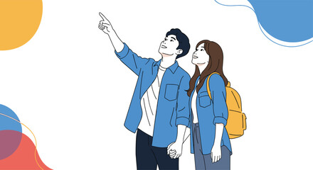 A joyful young couple holding hands, looking up and pointing with curiosity and wonder at an unseen element in the clear sky.