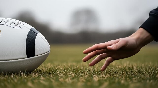 Rugby Player Reaching for Ball on Grassy Field. - Powered by Adobe
