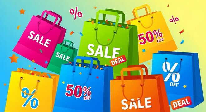 Vibrant shopping bags featuring sale and discount announcements create exciting retail promotions and marketing visuals for seasonal shopping events and offers