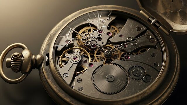 Intricate view of antique pocket watch mechanism, detailed gears and ruby accents, a symbol of timeless precision and vintage craftsmanship elegance
