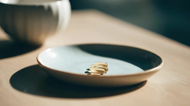 A hand placing a small stack of gold coins on a white plate.