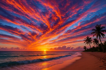 Vibrant tropical beach landscape at sunset with dramatic orange and purple sky and palm trees on serene shoreline concept. Ai generative