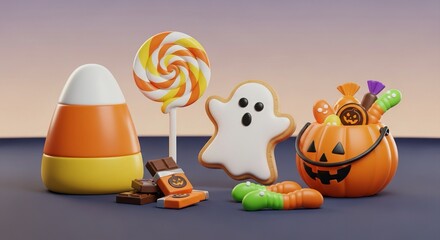 Delightful Halloween candy assortment with ghost cookie and pumpkin bucket, evoking spooky fun and sweet treats for festive celebrations and seasonal marketing campaigns