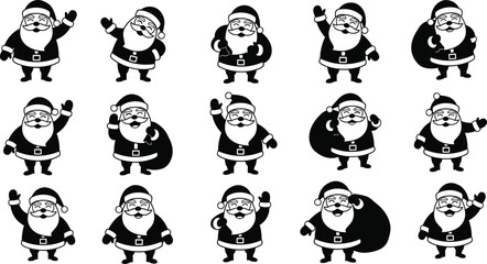 Collection of Santa Claus silhouettes in cheerful poses with gift bags, waving hands, and smiling faces, Christmas vector illustration design