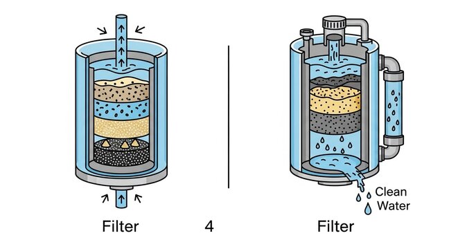 Explore the science behind water purification with this illustration showcasing a modern filtration system, perfect for educational materials and environmental awareness campaigns