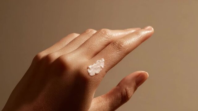 A hand with a small dab of white cream or lotion on the back of the hand.