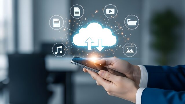 Cloud computing and data storage hands holding smartphone with cloud icon