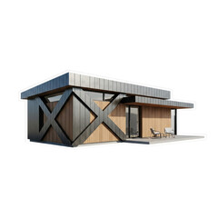 Modern tiny house with wooden facade and geometric design isolated on transparent background