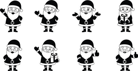 Cute cartoon Santa Claus character collection set, funny Christmas Santa poses with gift box, thumbs up, waving, smiling illustration vector