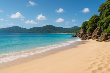 Fototapeta premium Tropical beach landscape with turquoise ocean, golden sand, green mountains and blue sky, peaceful vacation concept scene with nature beauty. Ai generative