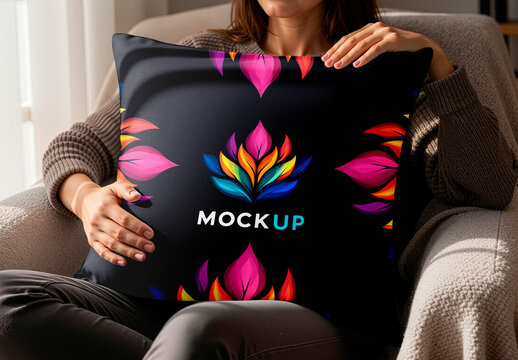 Pillow Mockup On Woman S Lap Sitting