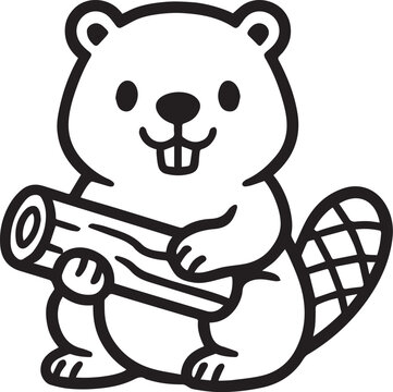 An endearing cartoon beaver, meticulously rendered in a clean, uncluttered style, is holding a log. Designed to be eye-catching.