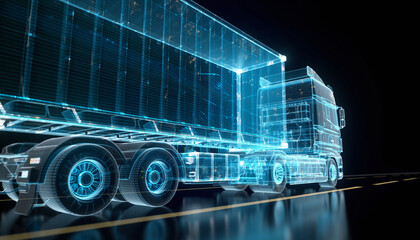 Truck Technology in Motion: A digitally rendered semi-truck showcases innovative technology, the future of transport. conveying a sense of technological advancement and global connectivity