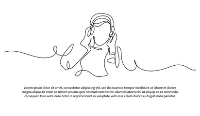 One line of a man listening to music using headphones. Abstract minimal continuous line isolated on white background.