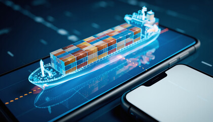 Digital Maritime Commerce: A futuristic depiction of a container ship sailing atop a smartphone, symbolizing the seamless integration of logistics and technology in the digital age. 