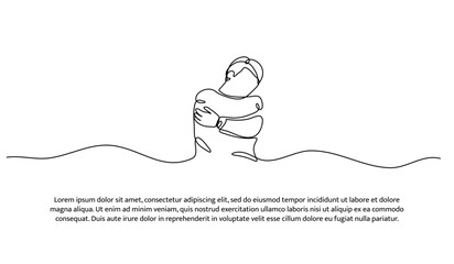 One line of a man hugging himself. Abstract minimal continuous line isolated on white background.
