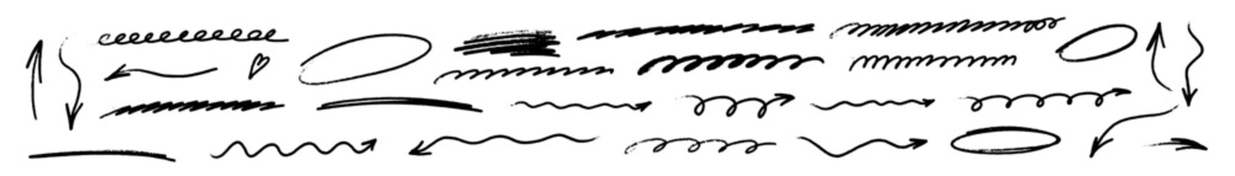 Minimal arrow doodles with crayon grain, pencil lines, smooth underline marks and dynamic brush strokes. Each arrow combines crayon texture, pencil outlining, underline details and brush movement.