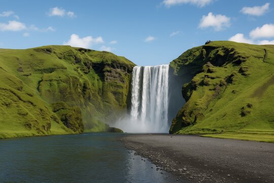 Majestic waterfall cascading down lush mossy cliffs into a tranquil river in a serene green valley under a bright blue sky with scattered clouds. Ai generative - Powered by Adobe