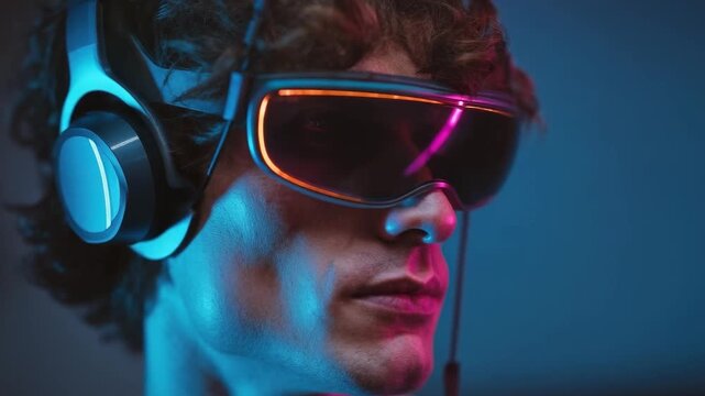 Person wearing a neon-lit virtual reality headset with headphones, close-up portrait.