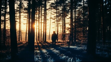 A solitary figure stands amidst the tall, silhouetted trees of a serene forest, bathed in the golden glow of a rising or setting sun, casting long, dramatic shadows