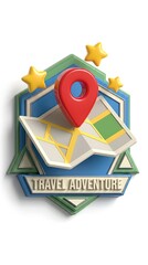 A vivid travel adventure concept, with a vibrant map icon, location pointer, and shining stars, embodies the excitement of discovery and exploration.