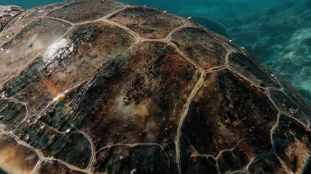Close up of a sea turtle's shell underwater