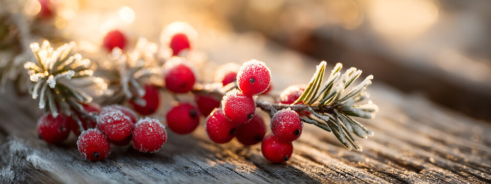 Close up of frosted red berries and pine needles on a weathered wooden surface - Powered by Adobe