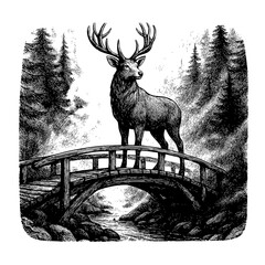Majestic Stag Standing on Wooden Bridge in Forest Engraving
