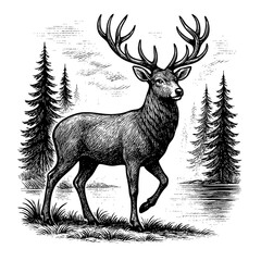 Black and White Illustration of Deer by Water with Pines