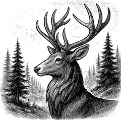 Black and White Engraving of Deer in Nature Landscape