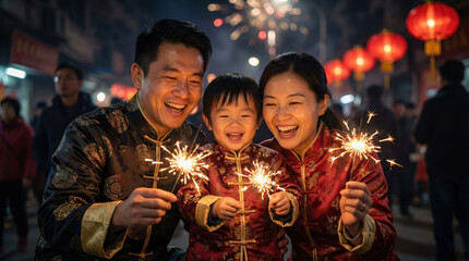 Joyful Chinese Family Celebrating Chinese New Year with Sparklers and Festive Lights