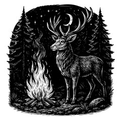 Stag by Campfire in Forest at Night Engraving Style