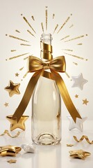 Fototapeta premium A festive champagne bottle, adorned with a luxurious golden bow and sparkling star decorations, embodies elegance and celebration.