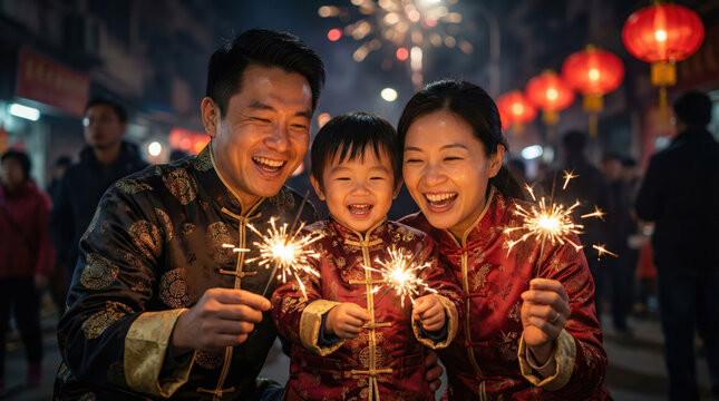 Joyful Chinese Family Celebrating Chinese New Year with Sparklers and Festive Lights