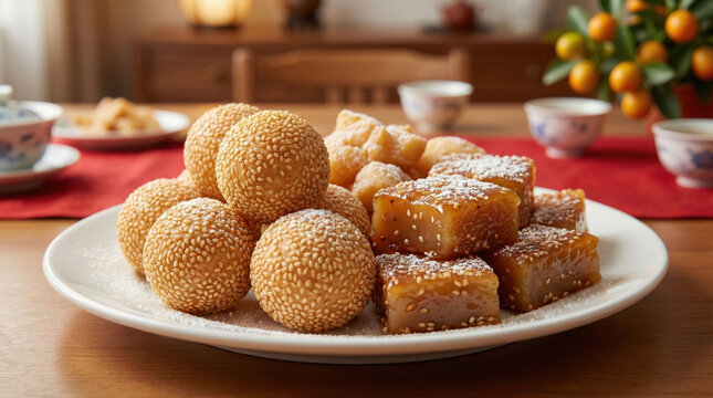 Festive Chinese New Year Delights: Sesame Balls and Nian Gao on a Traditional Table Setting